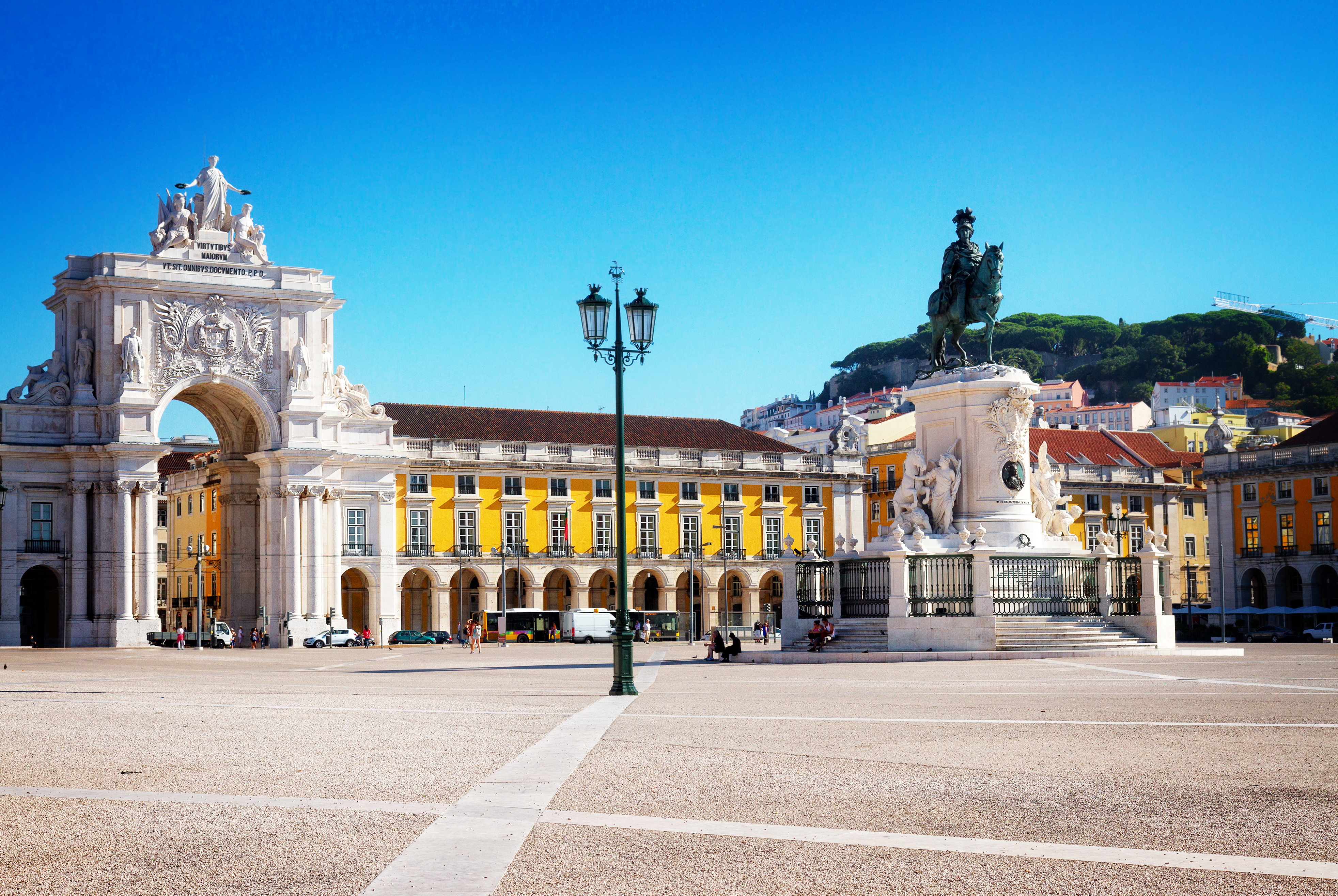 Commerce Square at sunny aummer day, Lisbon, Portugal, retro toned