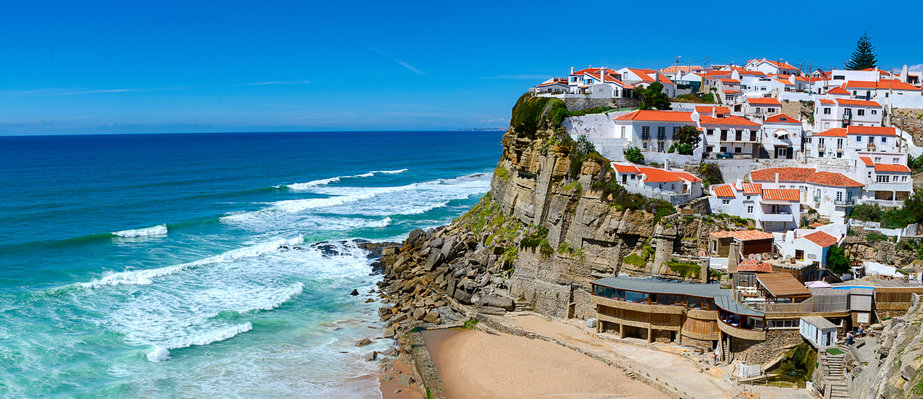 Panoramic view of Beautiful coastal view of  Praia Azenhas do Mar near Sintra, Lisbon. Praia  Azenhas do Mar is one of the best beach in Portugal.